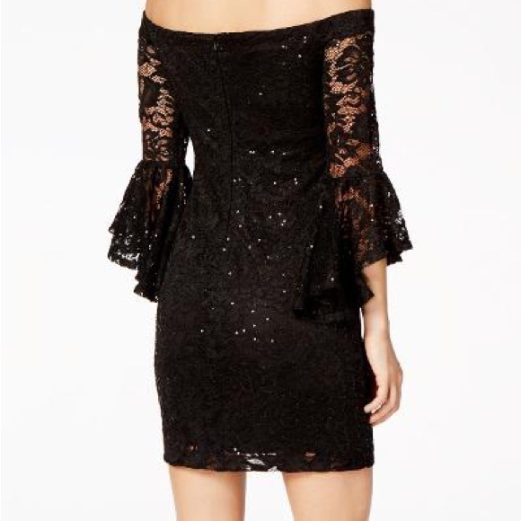SEXY Little Black Lace Off the Shoulder Dress w/Sequins - Picture 2 of 3